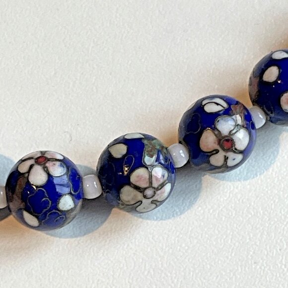 Vintage Cobalt Floral Millefiori Venetian Glass Bead Necklace Murano Vibes 17" - Picture 3 of 6